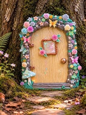 Handmade Fairy Door with Pastel Floral & butterfly Accents